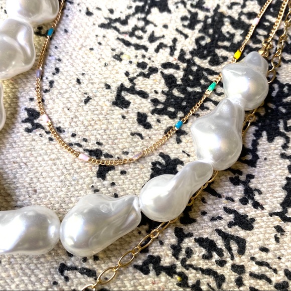 Boho Layered Cowrie Shell Pearl & Gold Necklace - Picture 4 of 5